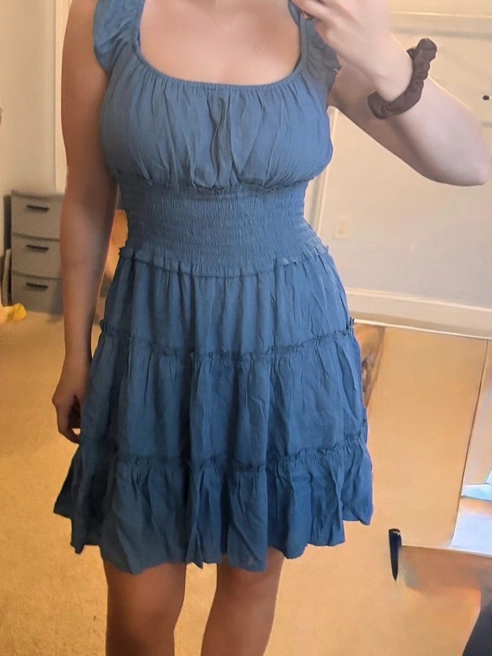 Super Sweet Light Blue Smocked Ruffled Tie-Back Mini Dress